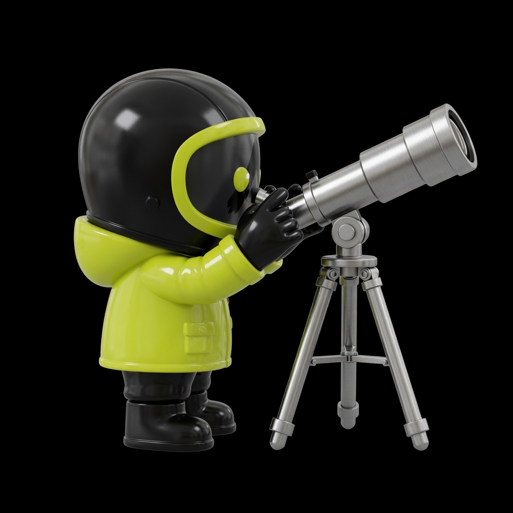 VERA mascot watching the market through a telescope